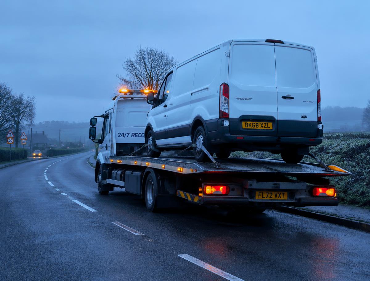A recovery truck collecting a van on a UK road